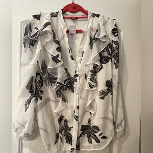 Ann Taylor black white sheer floral ruffle top NWT size xs